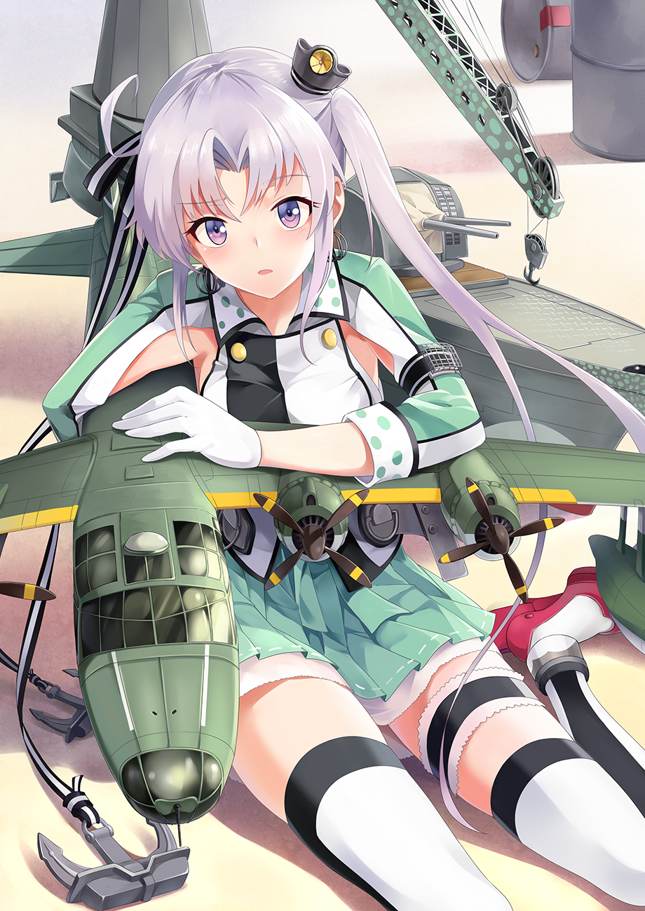 1girl, ahoge, akitsushima_(kantai_collection), akitsushima_(seaplane_tender), breasts, crane, hat, highres