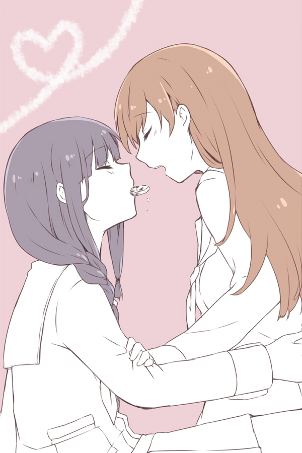 2girls, black_hair, brown_hair, closed_eyes, food_in_mouth, heart, kantai_collection, kitakami_(kantai_collection)