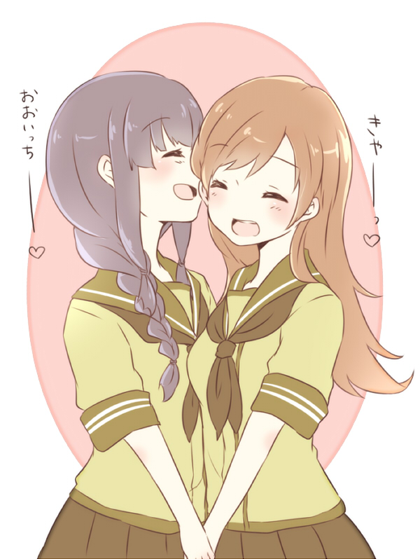 2girls, black_hair, braid, brown_hair, heart, hug, kantai_collection, kitakami_(kantai_collection)