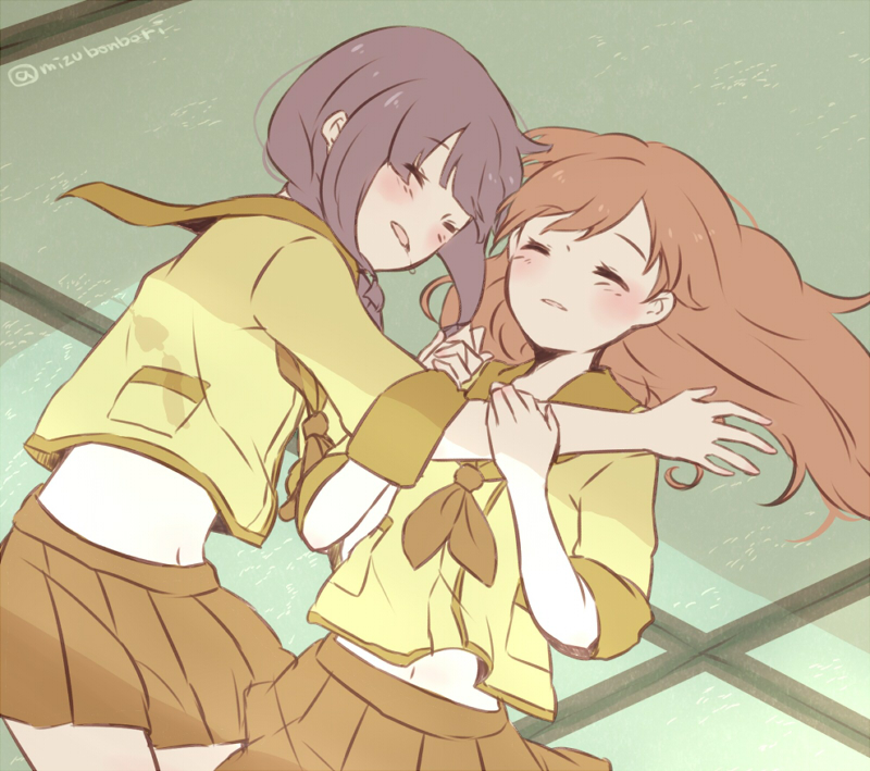 2girls, black_hair, braid, brown_hair, hug, kantai_collection, kitakami_(kantai_collection), long_hair, lying, mizu_bonbori, multiple_girls, ooi_(kantai_collection), school_uniform, serafuku, sleeping