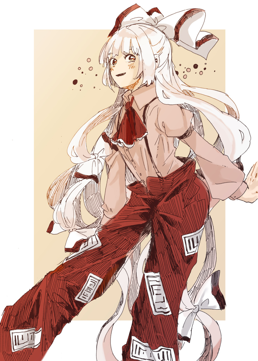 1girl, ascot, fujiwara_no_mokou, hair_ribbon, half_updo, hawai-tari, highres, hime_cut
