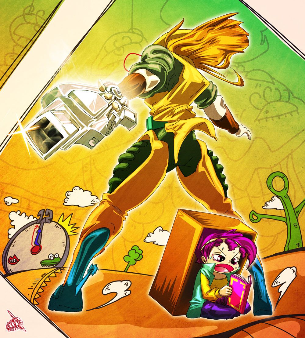 back-to-back, blonde_hair, boingo, book, boots, box, clock, clouds