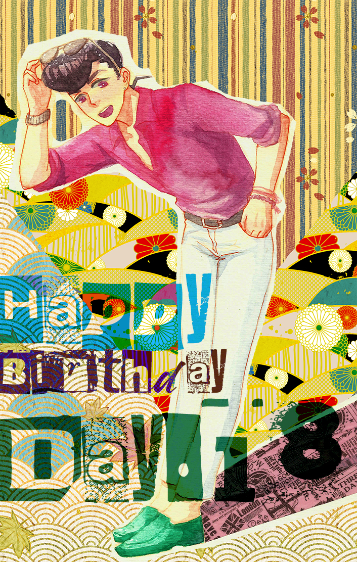 bracelet, earrings, floral_background, happy_birthday, higashikata_jousuke, jewelry, jojo_no_kimyou_na_bouken, loafers, pompadour, sagi, shoes, striped, striped_background, sunglasses, sunglasses_on_head, traditional_media, watch, watch, watercolor_(medium)