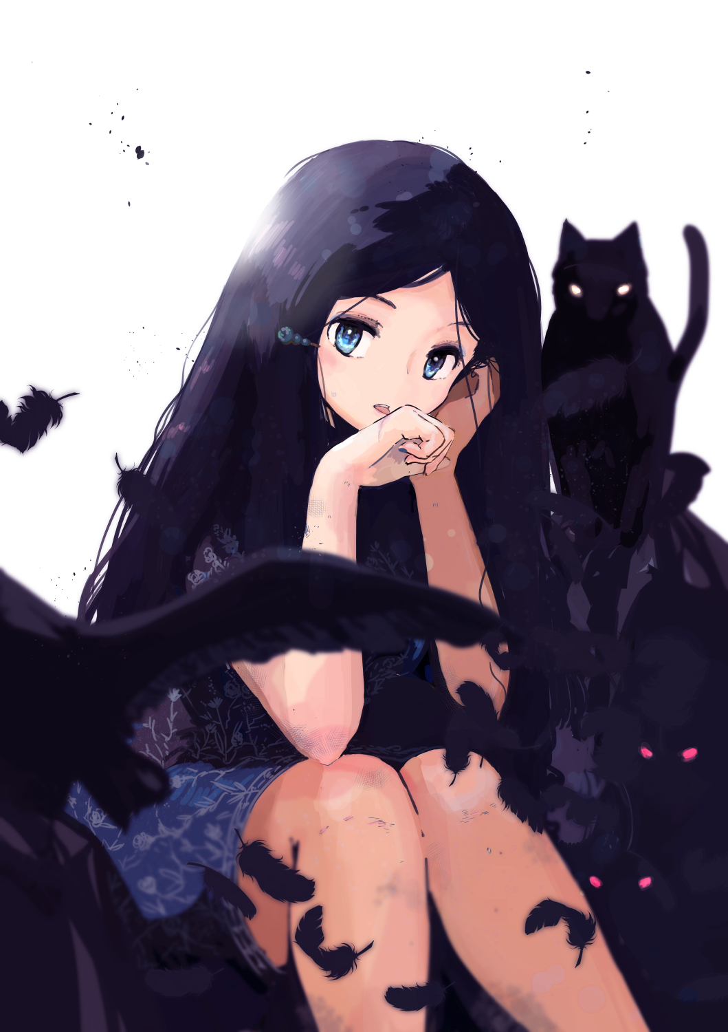 1girl, blue_eyes, cat, feathers, highres, long_hair, looking_at_viewer, omiomi_kekyu