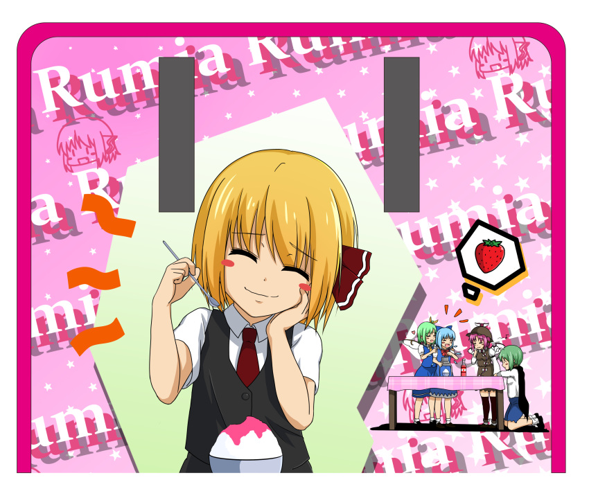 5girls, absurdres, blonde_hair, blue_hair, cirno, daiyousei, food, fruit