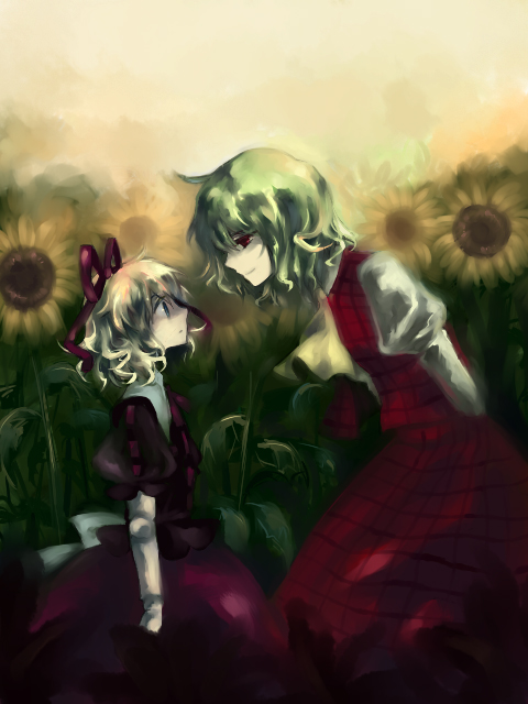 2girls, eye_contact, flower, flower_field, fori, hair_ribbon, kazami_yuuka, leaning_forward