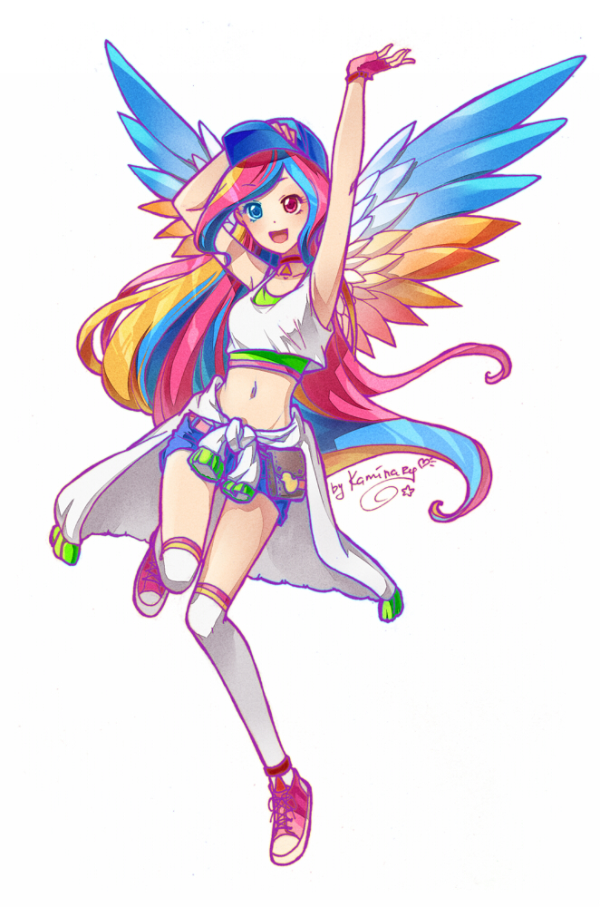 1girl, hat, heterochromia, kaminary, long_hair, midriff, multicolored_hair, navel