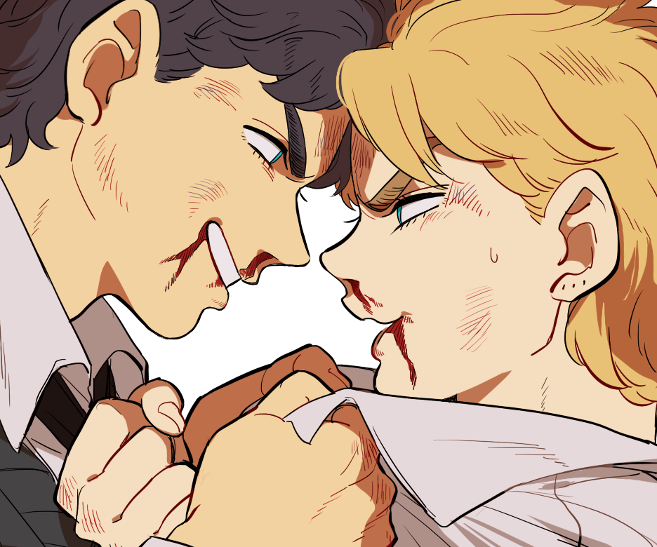 2boys, black_hair, blonde_hair, blood, blood_in_mouth, blue_eyes, blue_hair, dio_brando