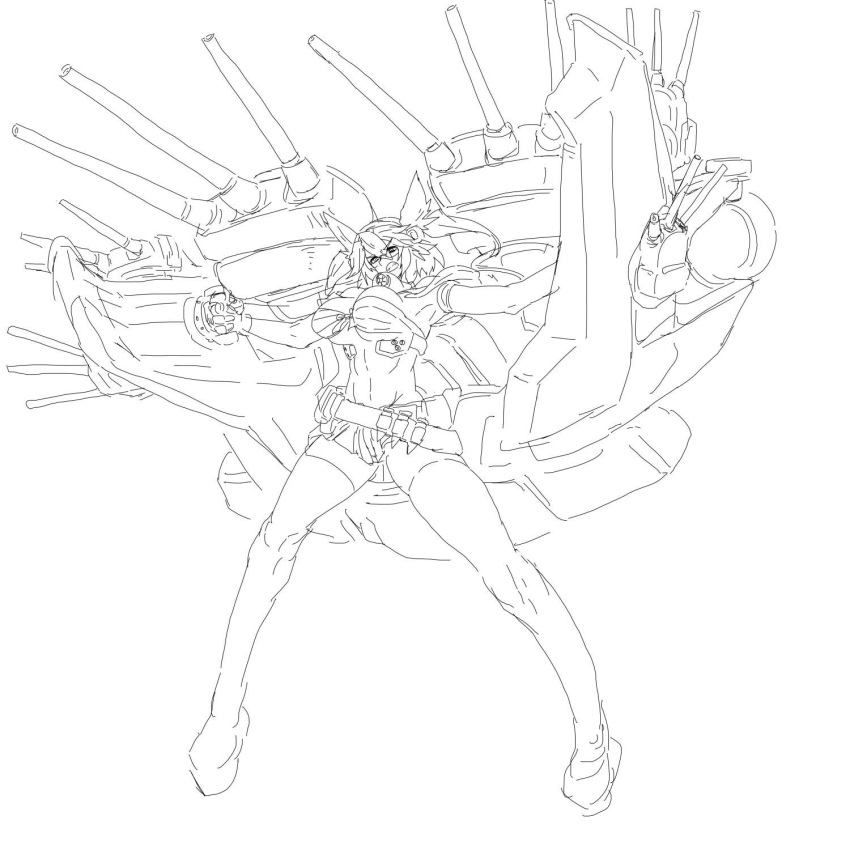 1girl, abs, belt, breasts, bullet, cannon, choker, clenched_teeth, glasses, highres, kantai_collection, large_breasts, lineart, microskirt, midriff, monochrome, musashi_(kantai_collection), sarashi, short_hair, skirt, thigh-highs, twintails, usukawa