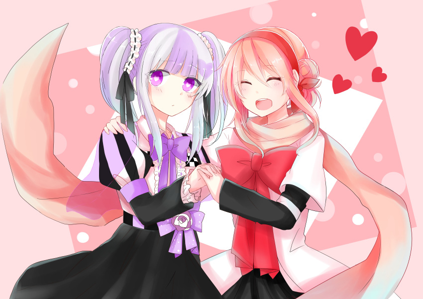 2girls, :d, absurdres, arm_around_shoulder, bow, closed_eyes, fujishiro_otone, heart