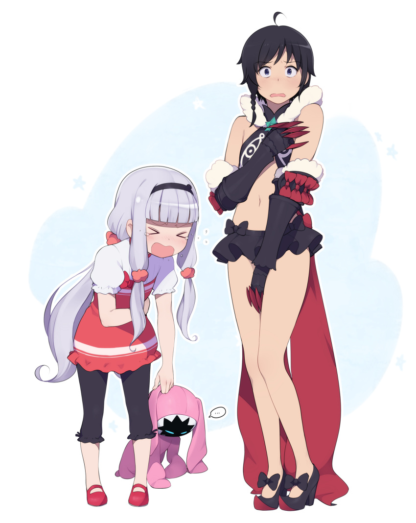 >_<, ..., 1boy, 1girl, bangs, black_gloves, black_hair, blue_eyes