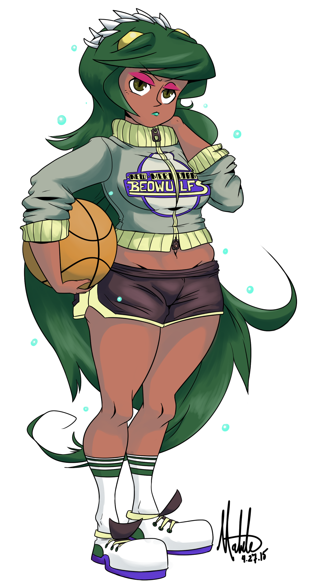 1girl, ball, basketball, belly, brown_eyes, cordax, dark_skin, eyeshadow