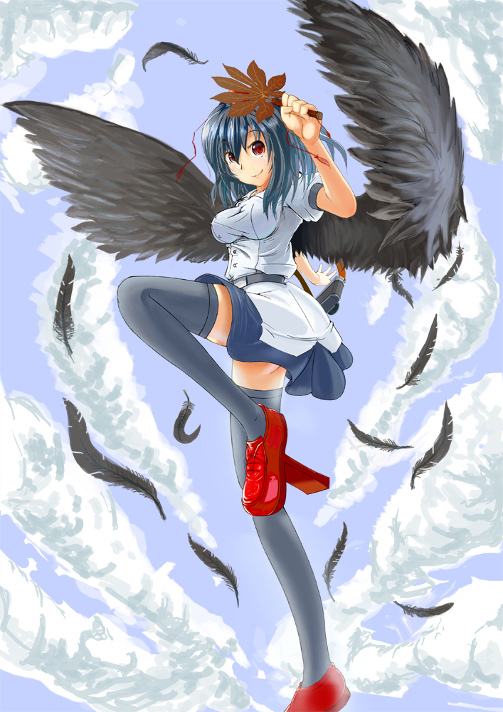 black_wings, camera, cloud, clouds, fan, feathers, geta, hat