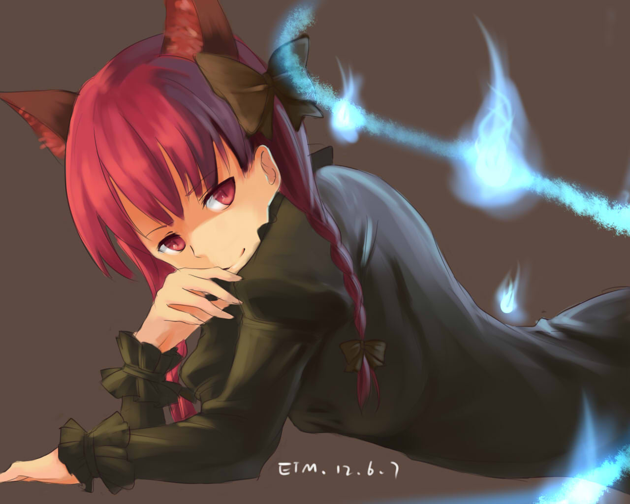 1girl, animal_ears, arm_support, artist_name, bow, braid, cat_ears, dated