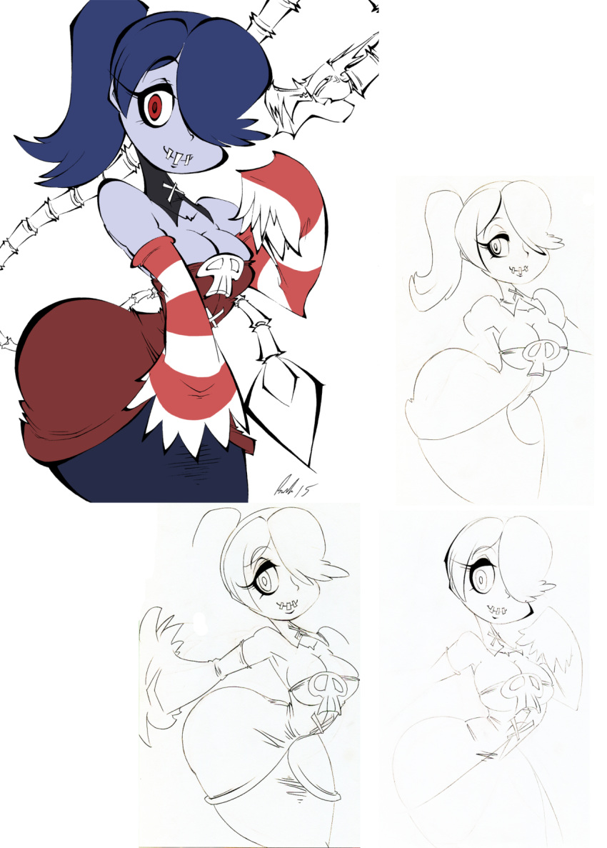 1girl, 2015, bare_shoulders, blue_hair, blue_skin, breasts, brendan_corris, cleavage, collage, detached_collar, detached_sleeves, hair_over_one_eye, highres, leviathan_(skullgirls), long_hair, long_skirt, making_of, red_eyes, side_ponytail, signature, sketch, skirt, skull, skullgirls, sleeves_past_wrists, slender_waist, solo, squigly_(skullgirls), stitched_mouth, striped_sleeves, wide_hips, zombie
