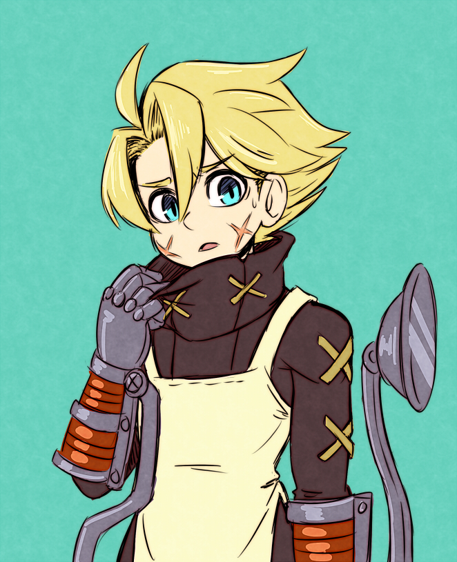 1boy, ahoge, blonde_hair, blue_eyes, gauntlets, gias-ex-machella, high_collar, leduc_(skullgirls)