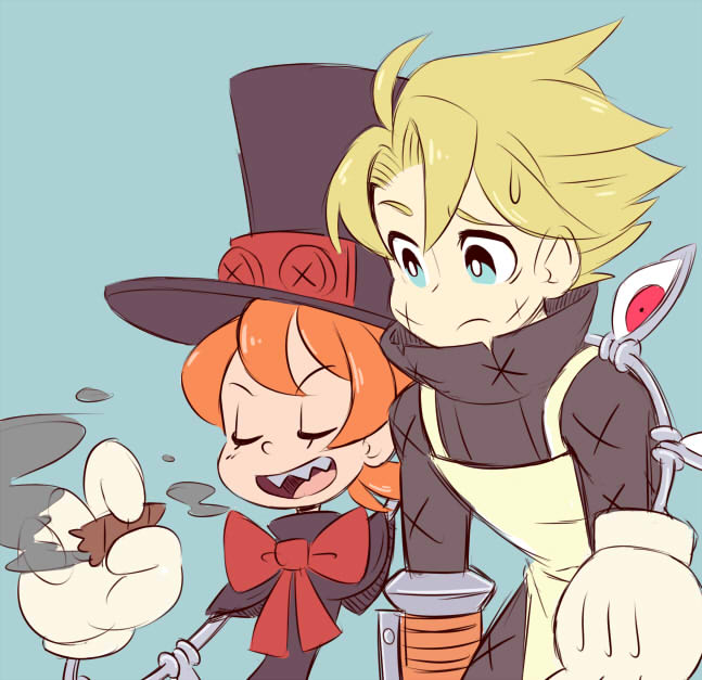 1boy, 1girl, apron, arm_around_shoulder, blonde_hair, blue_eyes, cigar, gias-ex-machella