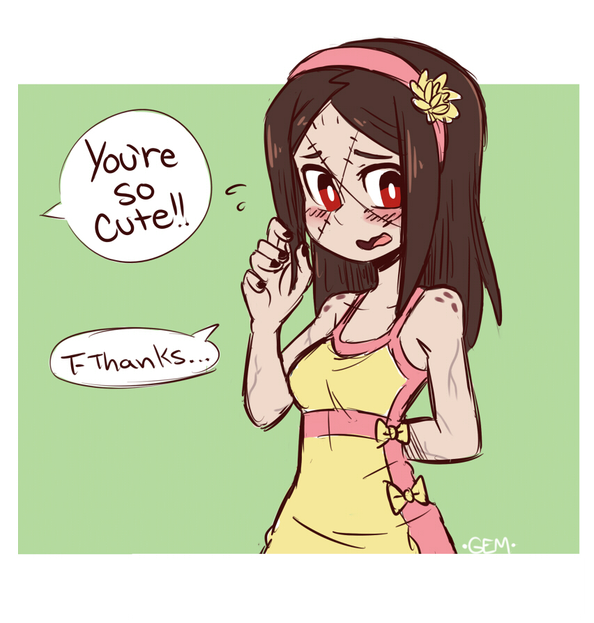 1girl, bangs, black_nails, blush, brown_hair, carol_(skullgirls), casual, dress