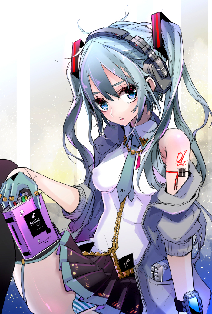1girl, aqua_eyes, aqua_hair, black_legwear, blush, gloves, hatsune_miku, headphones