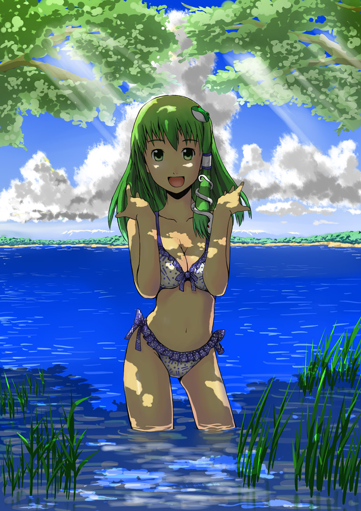 bikini, breasts, cleavage, frog, green_eyes, green_hair, hair_ornament, kochiya_sanae