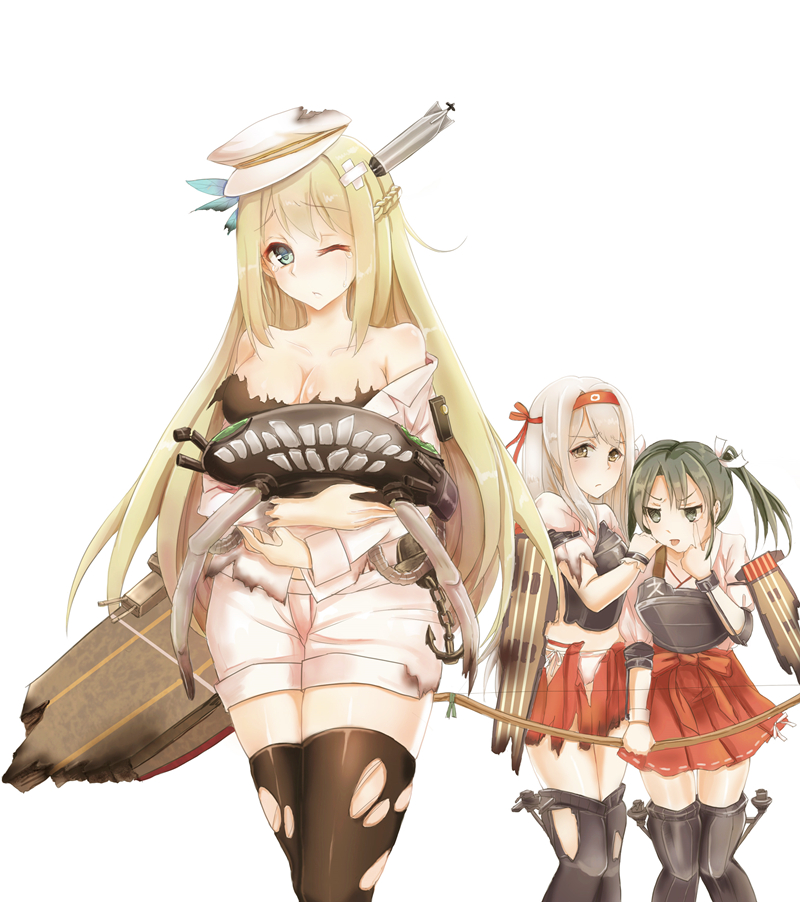 boots, crossover, flight_deck, historical_event, kantai_collection, lexington_(warship_girls_r), shoukaku_(kantai_collection), thigh-highs