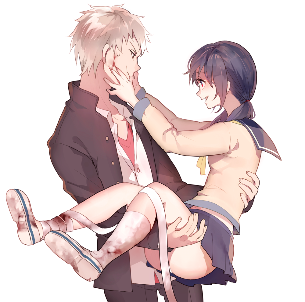 1boy, 1girl, ayatoki-1, bandages, black_hair, blonde_hair, blood, carrying
