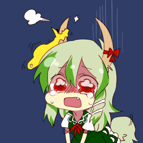 1girl, chibi, crying, ex-keine, fang, green_hair, horn_ribbon, horns