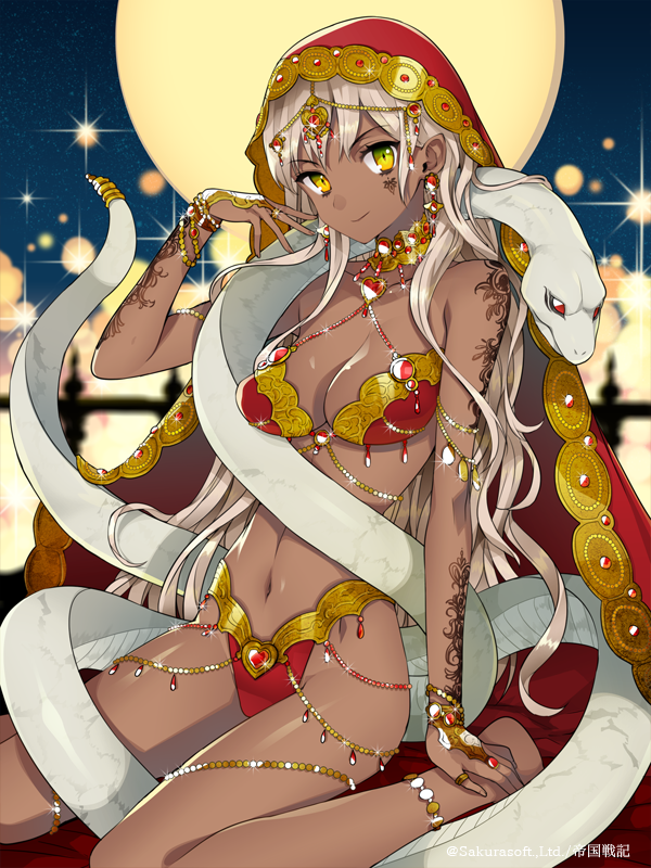 1girl, anklet, barefoot, blonde_hair, breasts, cleavage, copyright, copyright_request, dark_skin, jewelry, long_hair, looking_at_viewer, mami_(apsaras), official_art, original, revealing_clothes, smile, snake, solo, tan, yellow_eyes