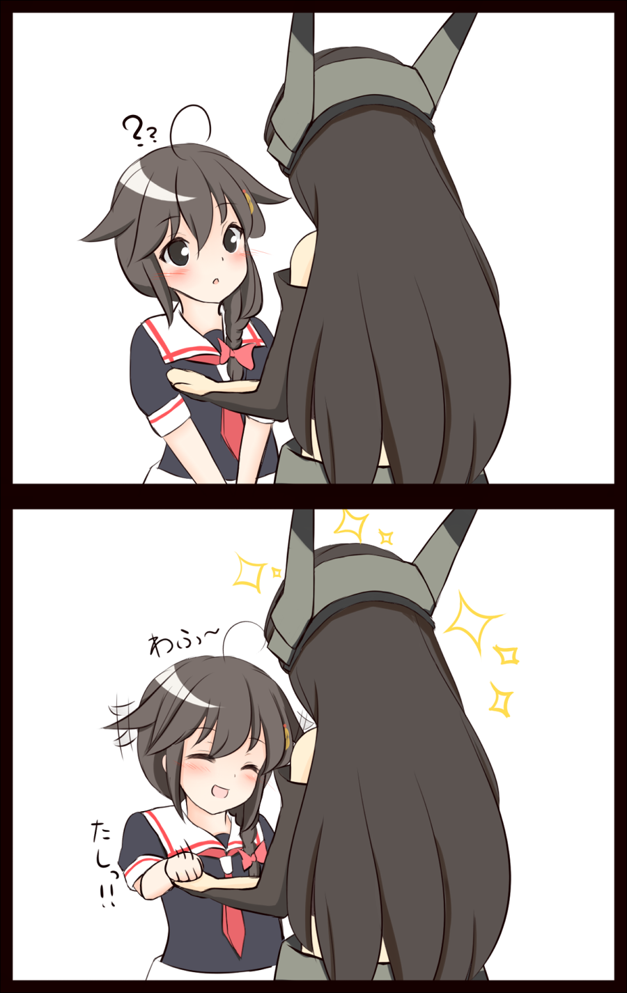 2girls, ahoge, bare_shoulders, braid, elbow_gloves, gloves, hair_flaps, hair_ornament