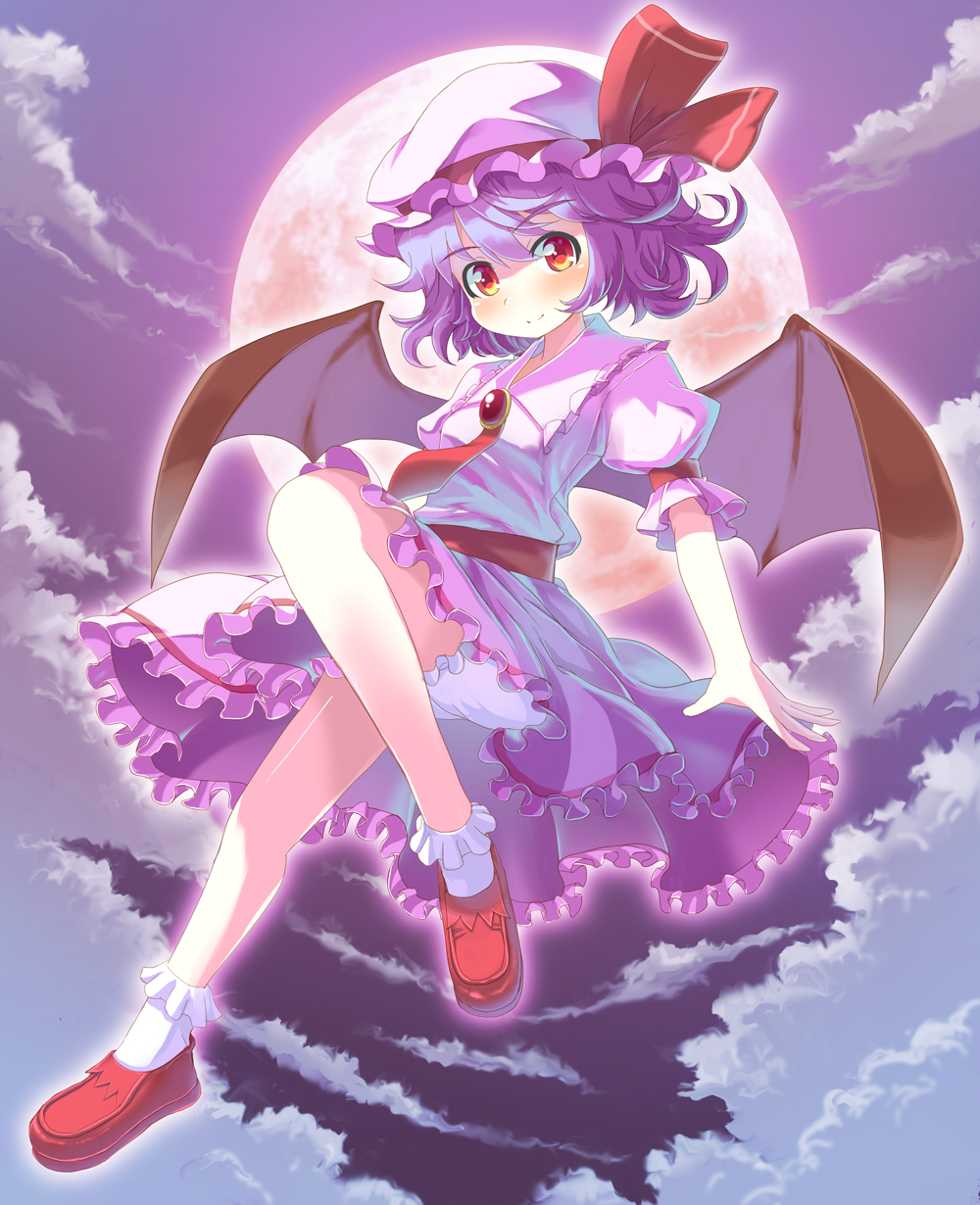 1girl, ankle_socks, ascot, bat_wings, bloomers, brooch, clouds, flying, folded_leg, frilled_legwear, frilled_skirt, frills, full_moon, hat, hat_ribbon, highres, jewelry, lavender_hair, loafers, looking_at_viewer, mob_cap, moon, naox, night, outdoors, puffy_short_sleeves, puffy_sleeves, purple_sky, red_eyes, red_moon, red_shoes, remilia_scarlet, ribbon, sash, shoes, short_hair, short_sleeves, skirt, skirt_set, smile, solo, touhou, underwear, wings, wrist_cuffs