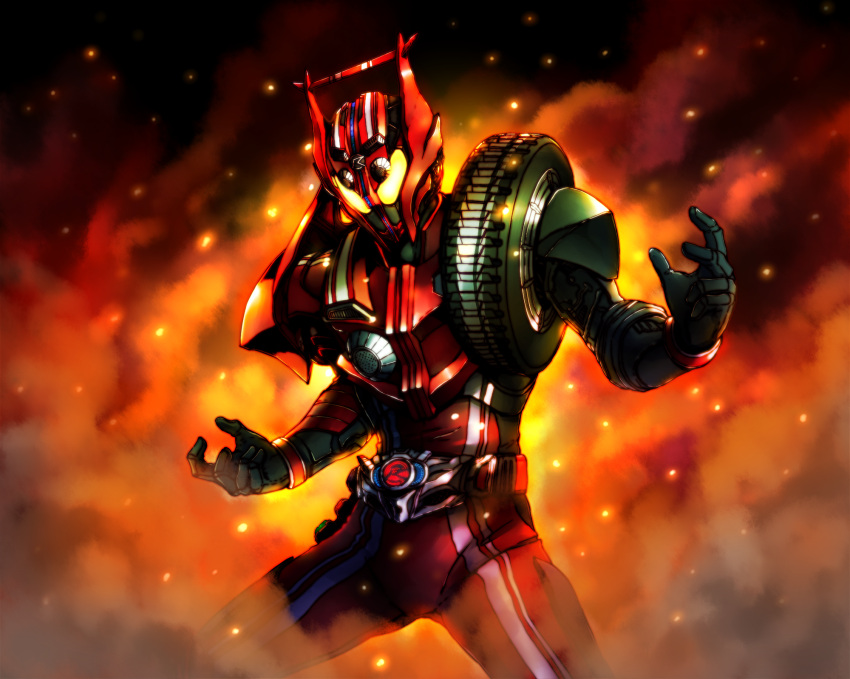 1boy, armor, belt, glowing, glowing_eyes, highres, kamen_rider, kamen_rider_drive, kamen_rider_drive_(series), looking_at_viewer, male, mask, smoke, solo, tire, type_tridoron, yusuki_(fukumen)