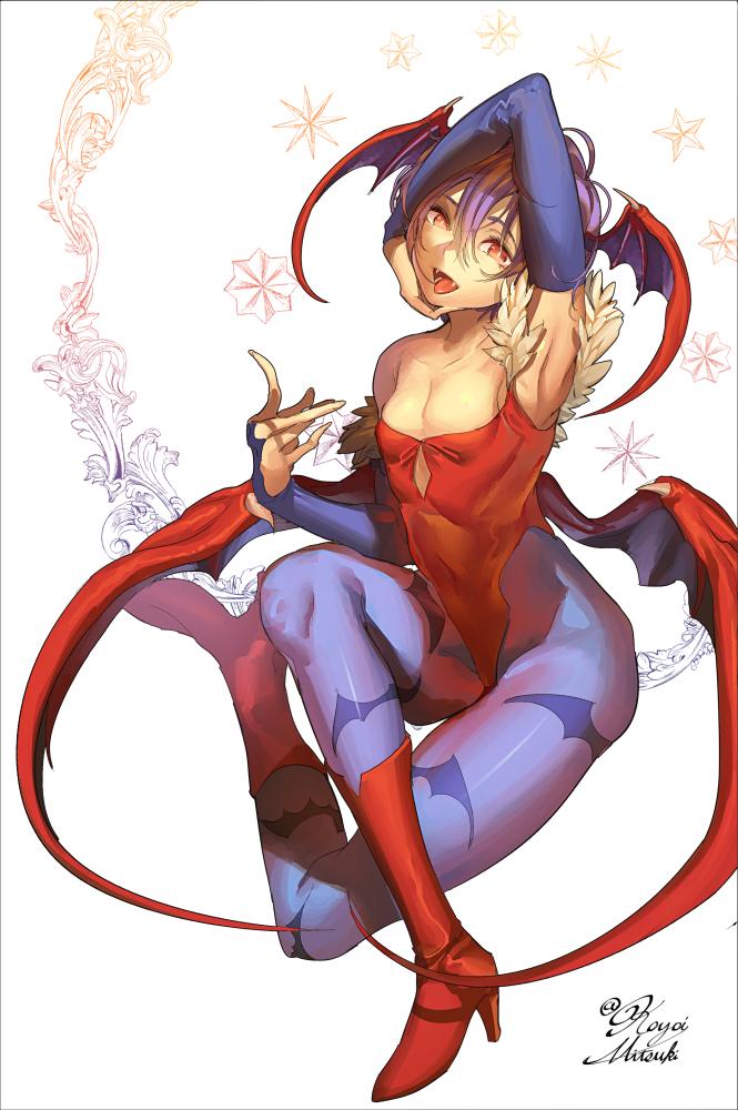 armpits, bat_print, demon_wings, elbow_gloves, garakuta_omocha, gloves, high_heels, lilith_aensland, pantyhose, purple_hair, red_eyes, vampire_(game), wings