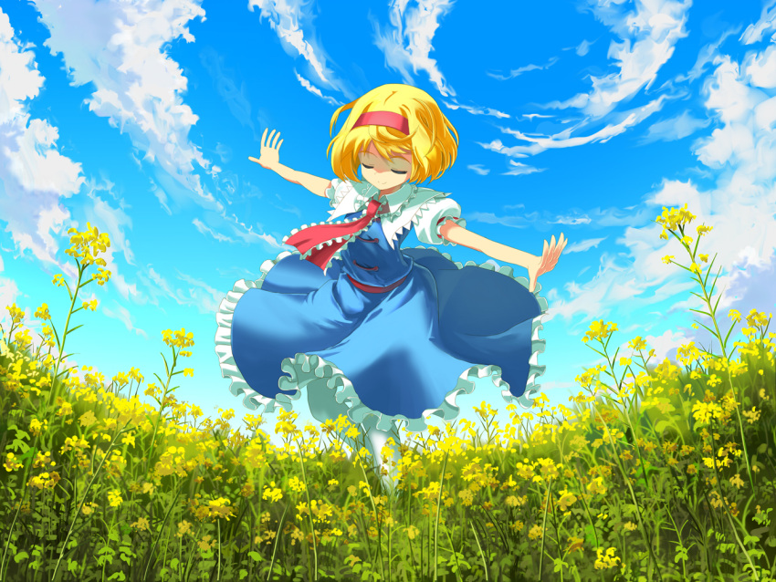 1girl, alice_margatroid, blonde_hair, blue_sky, capelet, closed_eyes, clouds, field