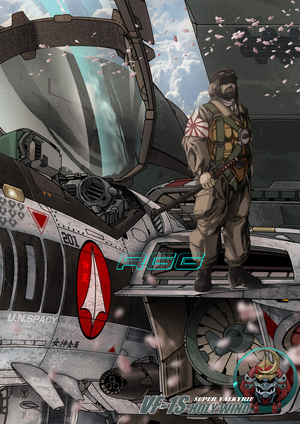 armor, beard, canopy, cherry_blossoms, choujikuu_yousai_macross, clouds, dagova_(artist), emblem