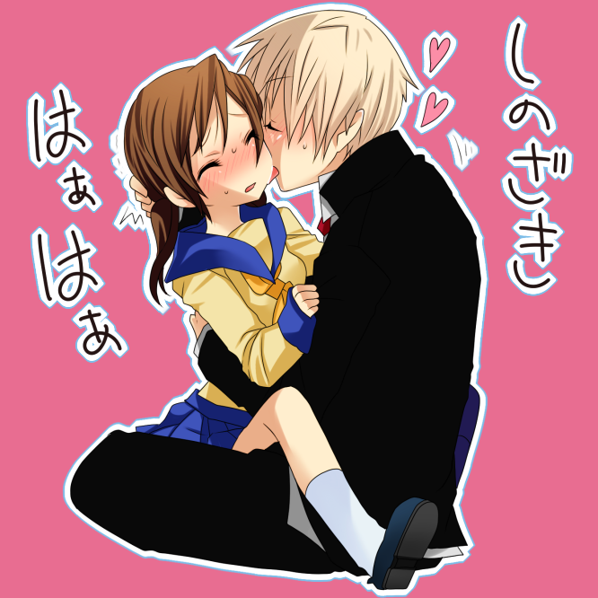 1boy, 1girl, blonde_hair, blush, brown_hair, closed_eyes, corpse_party, heart
