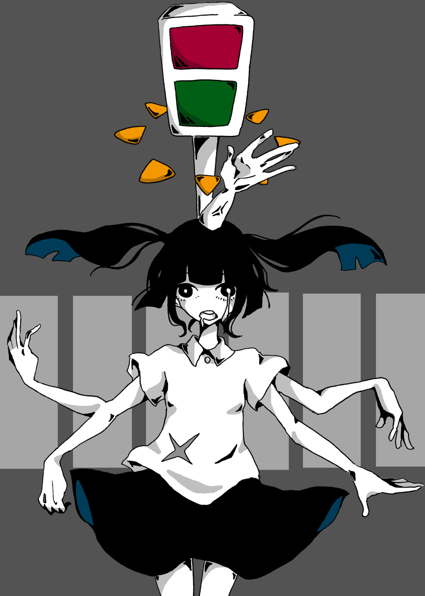 1girl, absurdres, black_hair, black_skirt, drooling, floating_hair, fujishiroooo3, hand_on_head, highres, monoko, multiple_arms, short_hair, short_twintails, skirt, solo, spot_color, standing, tears, traffic_light, twintails, waving_arms, yume_nikki