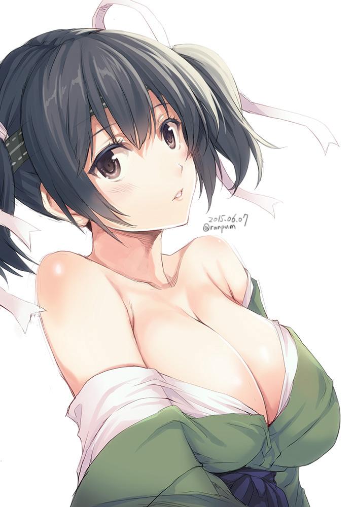 1girl, bandana, breasts, brown_eyes, brown_hair, cleavage, japanese_clothes, kantai_collection