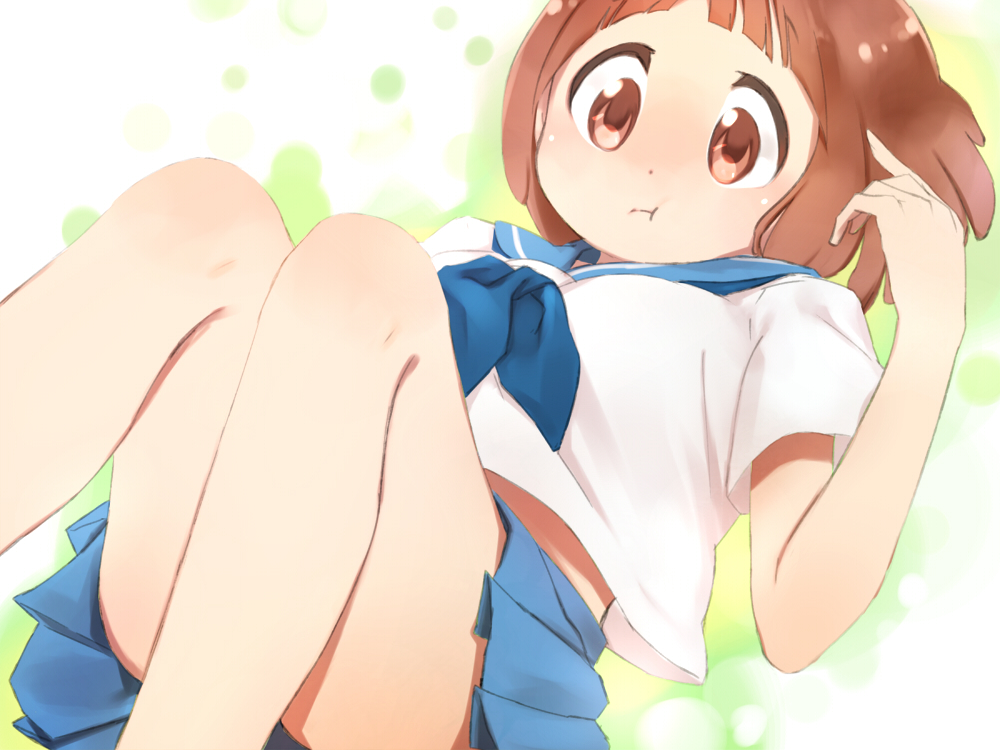 1girl, :i, bob_cut, brown_eyes, brown_hair, comra, kill_la_kill, mankanshoku_mako, school_uniform, serafuku, short_hair, skirt, solo