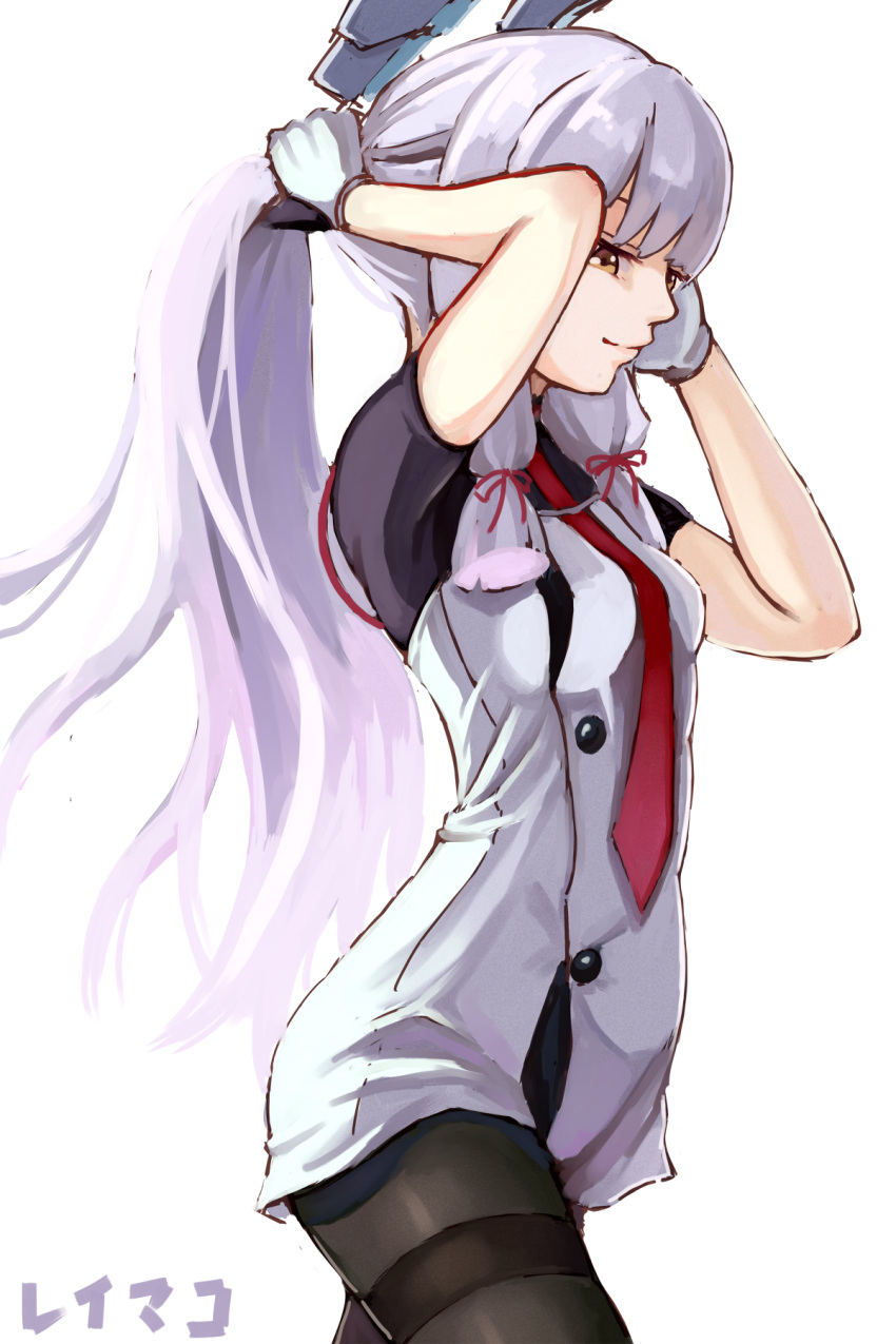1girl, adjusting_hair, alternate_hairstyle, artist_name, bangs, black_legwear, blunt_bangs, bodysuit