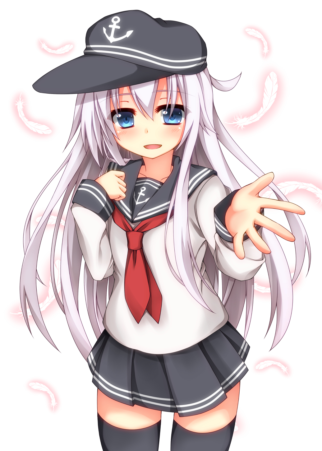 1girl, anchor_symbol, aqua_eyes, black_legwear, black_skirt, blush, cowboy_shot, feathers