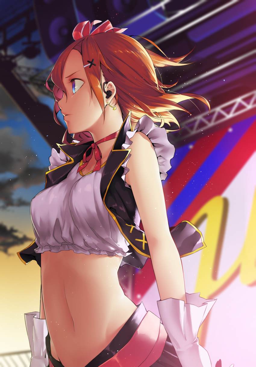 1girl, absurdres, arms_at_sides, black_skirt, blue_eyes, bow, brown_hair, crop_top