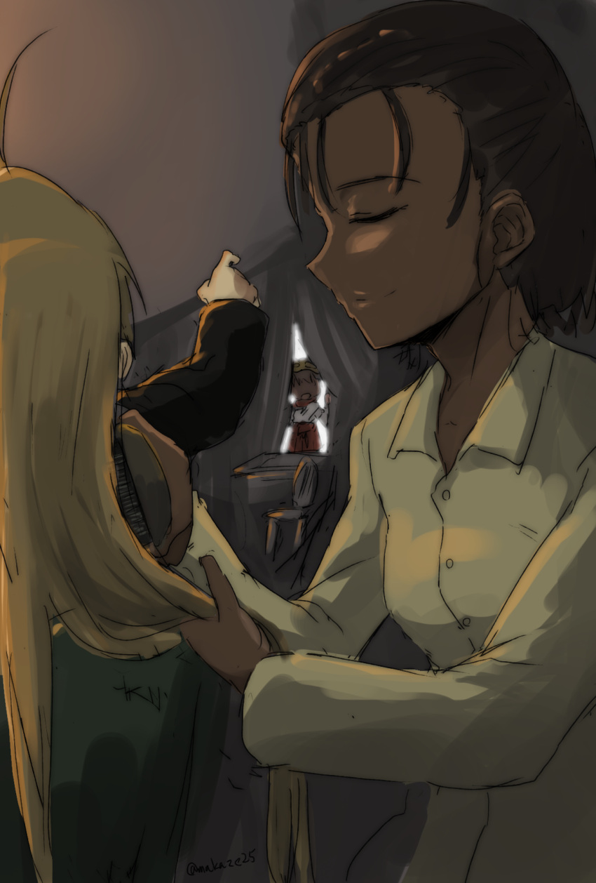3girls, ahoge, black_hair, blonde_hair, closed_eyes, dark_skin, hairlocs, hand_in_another's_hair