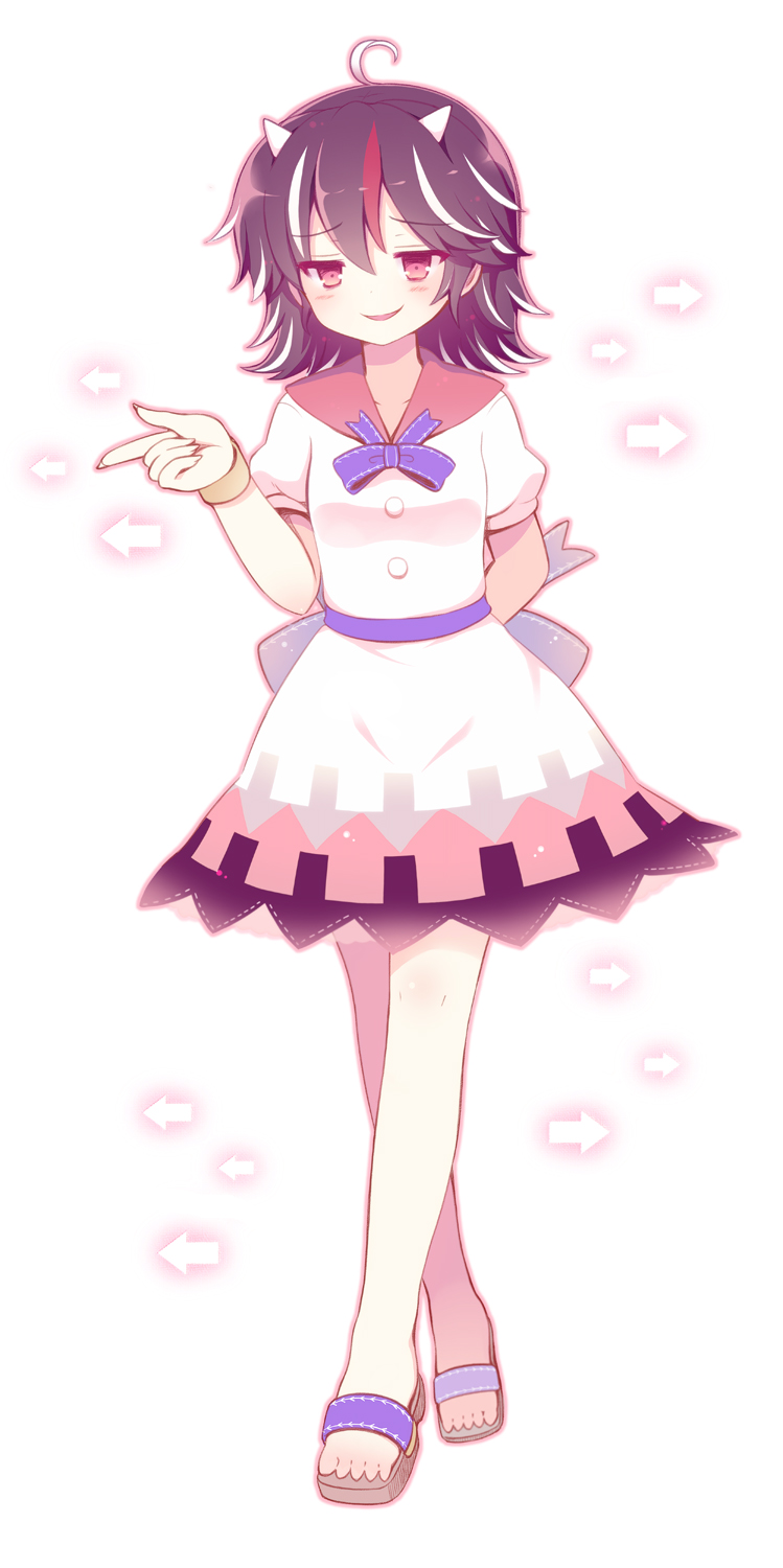 1girl, 23_(candy_chapus), black_hair, bow, directional_arrow, dress, highres, horns, kijin_seija, multicolored_hair, open_mouth, pointing, red_eyes, redhead, sandals, short_hair, smile, solo, streaked_hair, touhou, white_hair