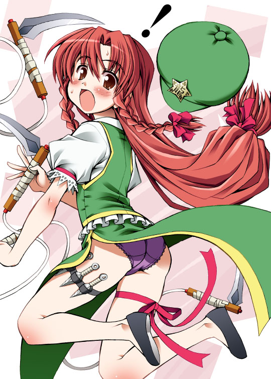 1girl, bangs, blush, braid, chinese_clothes, dual_wielding, eyes_visible_through_hair, from_behind, hair_between_eyes, hair_ribbon, hong_meiling, kunai, long_hair, looking_back, low_ponytail, nonoderamink, open_mouth, panties, pantyshot, pantyshot_(standing), parted_bangs, puffy_short_sleeves, puffy_sleeves, purple_panties, red_eyes, redhead, ribbon, shirt, short_sleeves, side_slit, skirt, skirt_set, solo, standing, tangzhuang, touhou, tress_ribbon, twin_braids, underwear, weapon, white_shirt