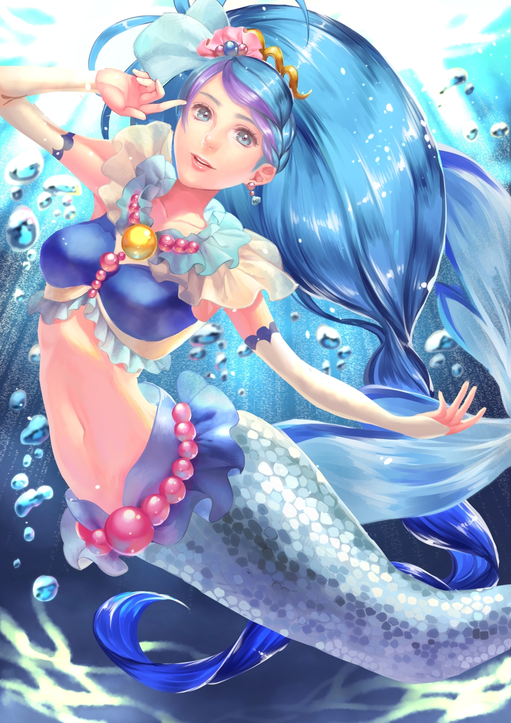 1girl, arm_warmers, blue_eyes, blue_hair, bubble, crop_top, cure_mermaid, earrings