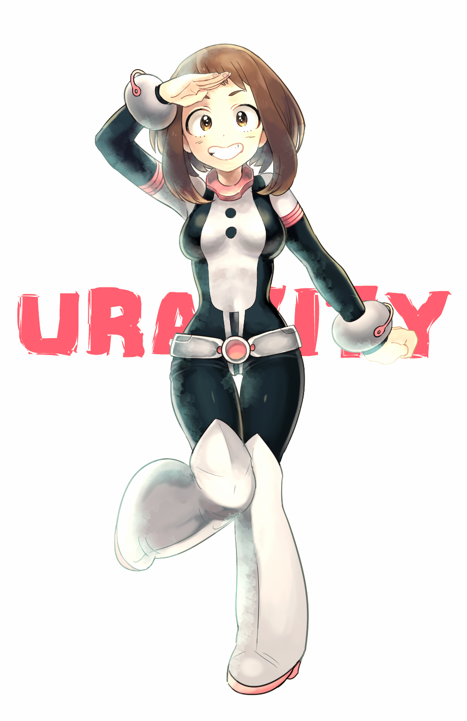 1girl, bodysuit, boku_no_hero_academia, boots, brown_eyes, brown_hair, full_body, grin