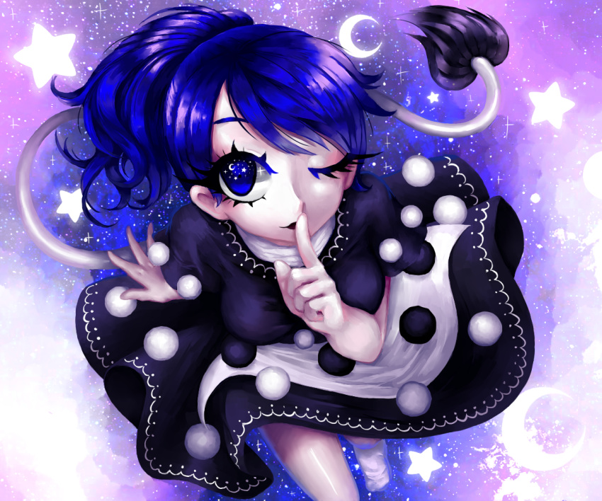 1girl, apron, blue_eyes, blue_hair, clouds, crescent, demon_tail, doremy_sweet