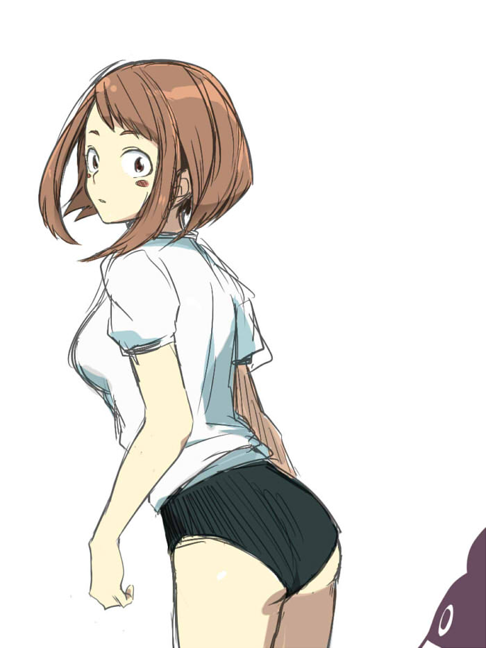 1girl, ass, blush_stickers, boku_no_hero_academia, brown_eyes, brown_hair, buruma, gokujou_no_kaeru-yaki, gym_uniform, minoru_mineta, payot, shirt, short_hair, short_sleeves, simple_background, uraraka_ochako, white_background, white_shirt