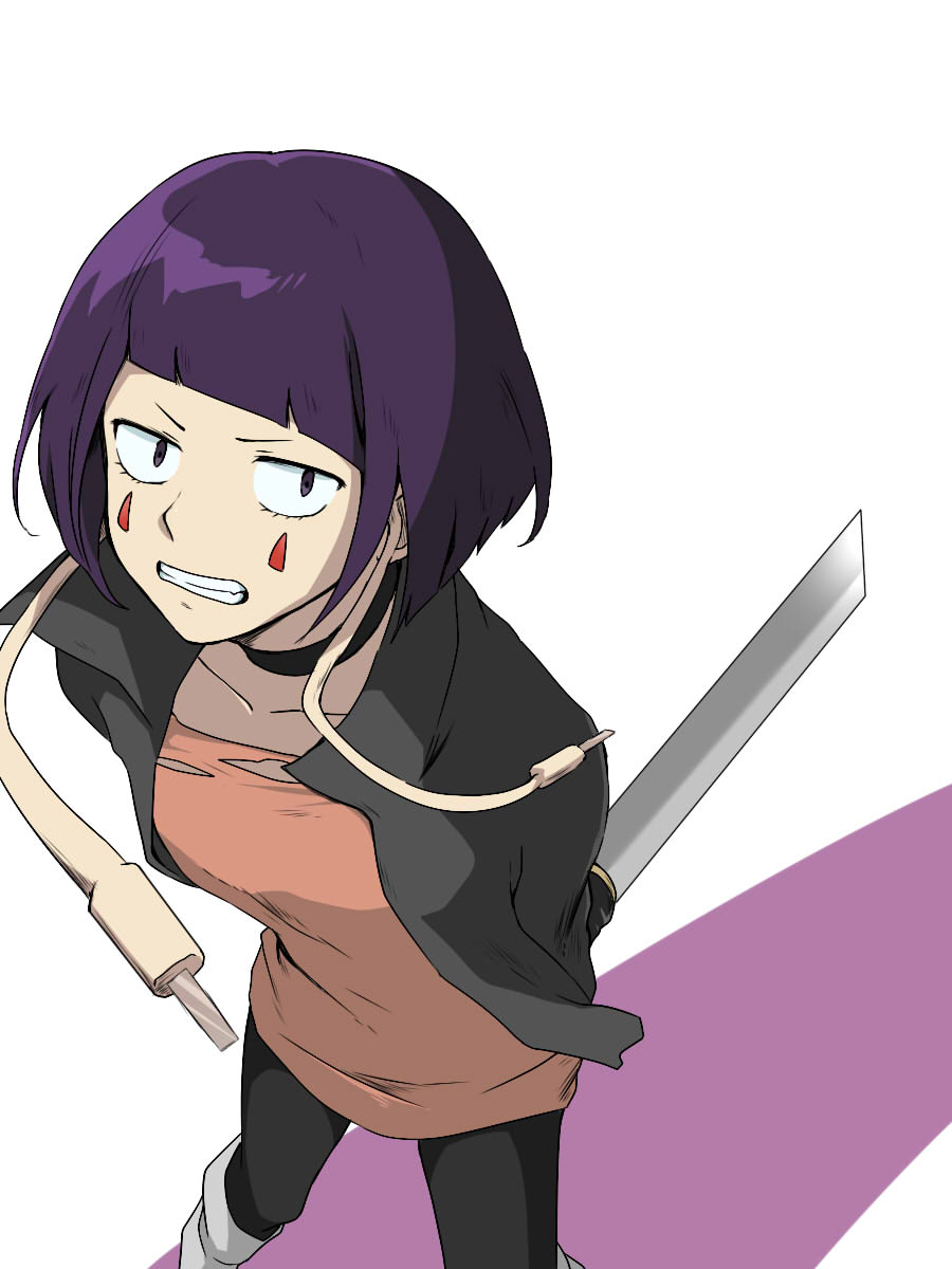 1girl, arms_behind_back, boku_no_hero_academia, choker, clenched_teeth, collarbone, constricted_pupils, facial_mark