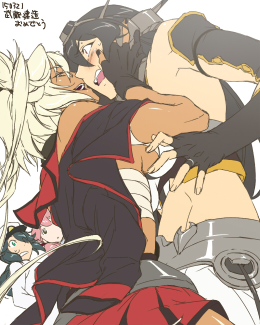 abs, akashi_(kantai_collection), black_hair, black_nails, blonde_hair, breasts, bridal_gauntlets, face_grab